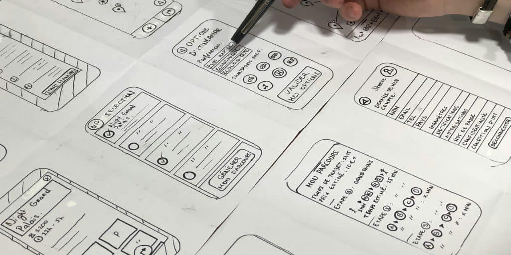 Website UX wireframes being designed for mobile phones